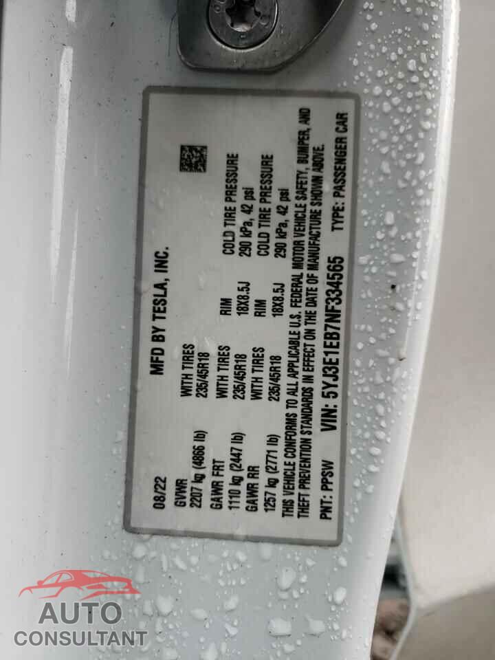 TESLA MODEL 3 2022 - 5YJ3E1EB7NF334565