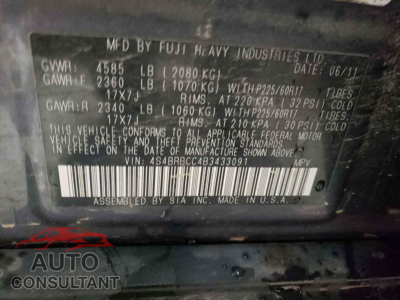 SUBARU OUTBACK 2011 - 4S4BRBCC4B3433091