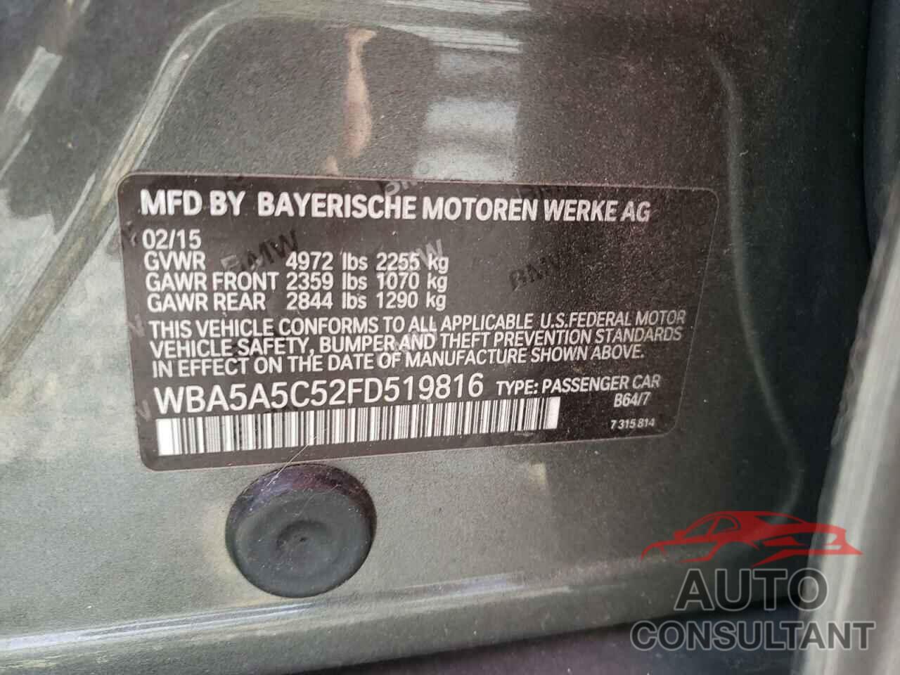 BMW 5 SERIES 2015 - WBA5A5C52FD519816