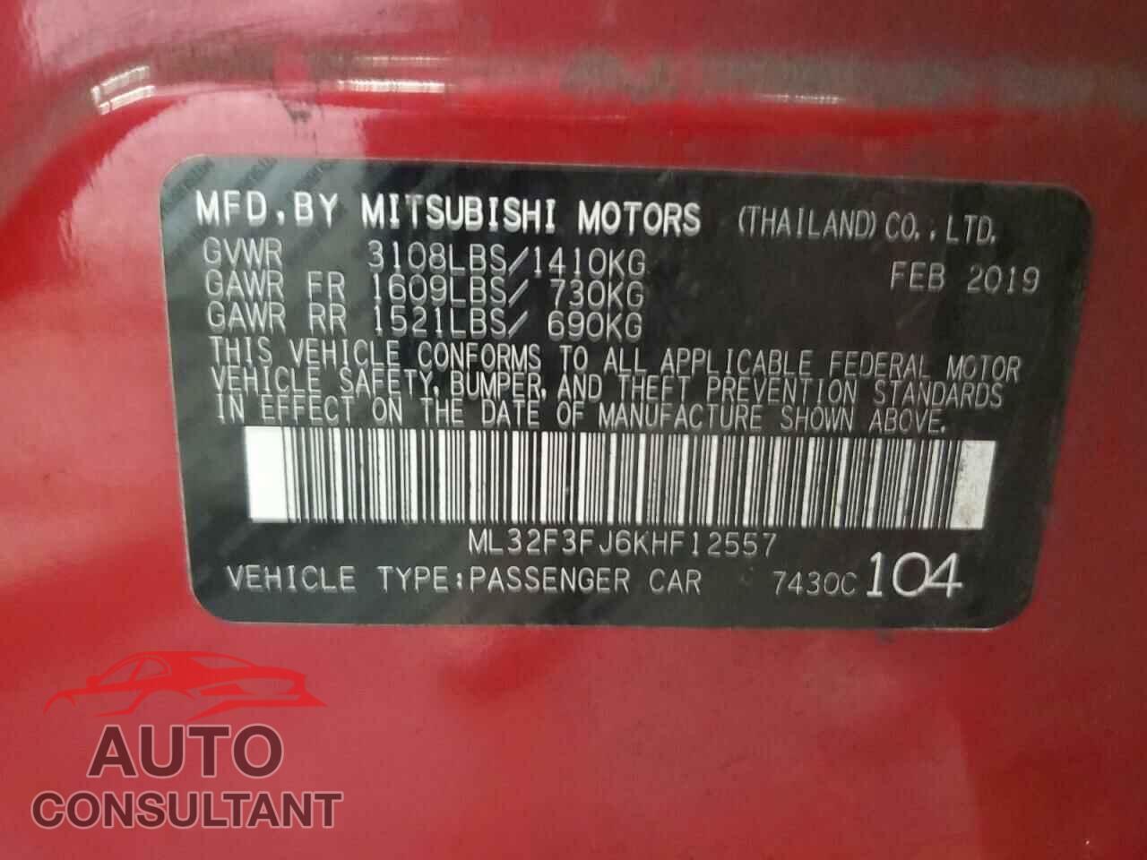 MITSUBISHI MIRAGE 2019 - ML32F3FJ6KHF12557