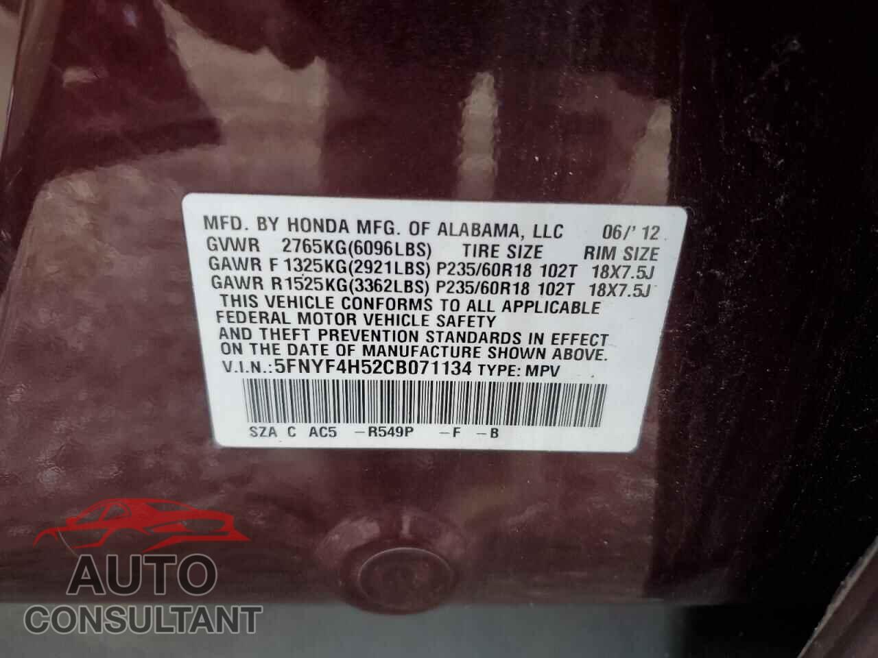 HONDA PILOT 2012 - 5FNYF4H52CB071134