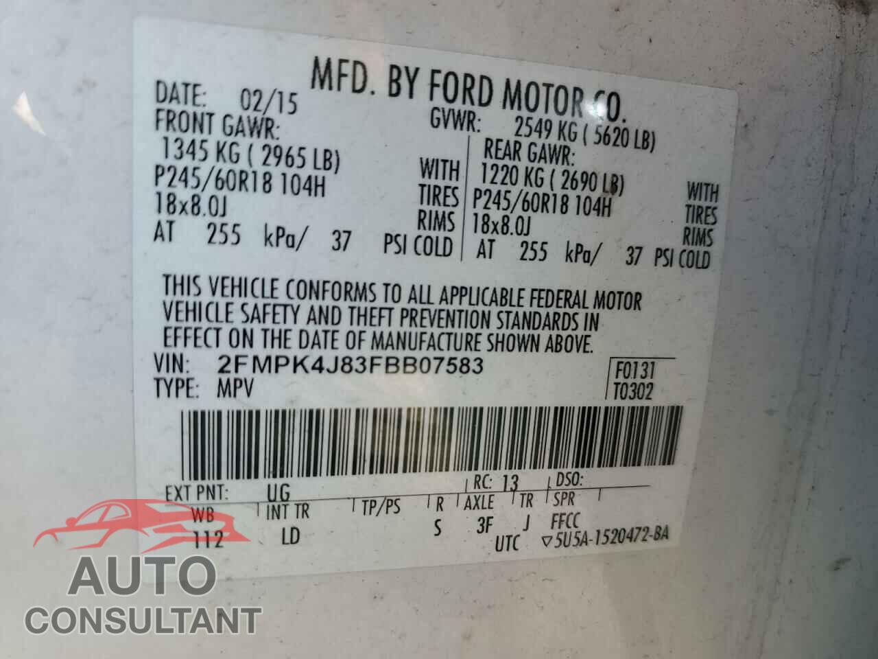 FORD EDGE 2015 - 2FMPK4J83FBB07583