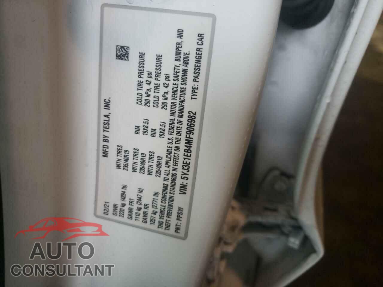 TESLA MODEL 3 2021 - 5YJ3E1EB4MF906982