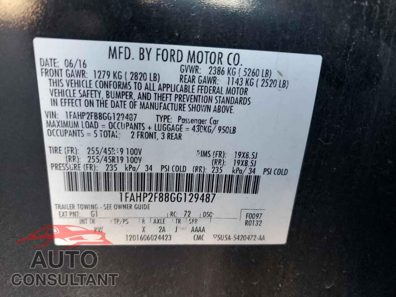 FORD TAURUS 2016 - 1FAHP2F88GG129487