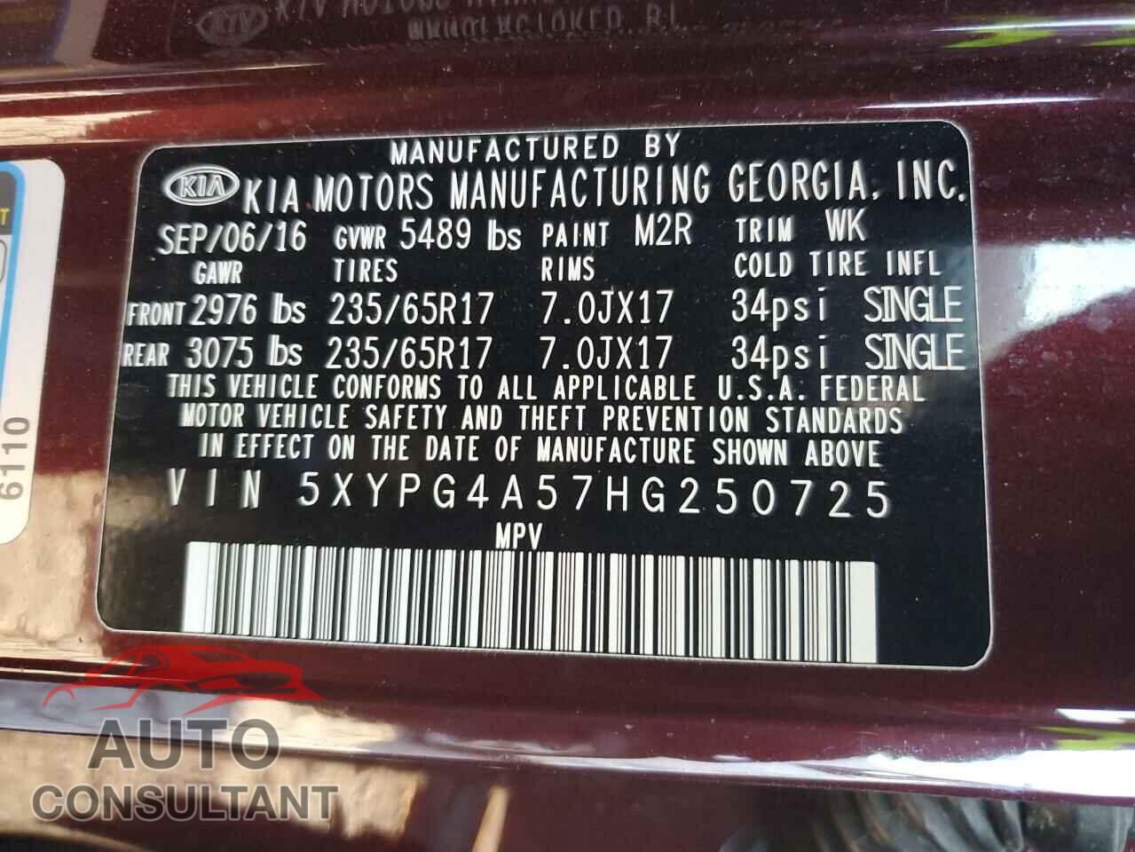 KIA SORENTO 2017 - 5XYPG4A57HG250725