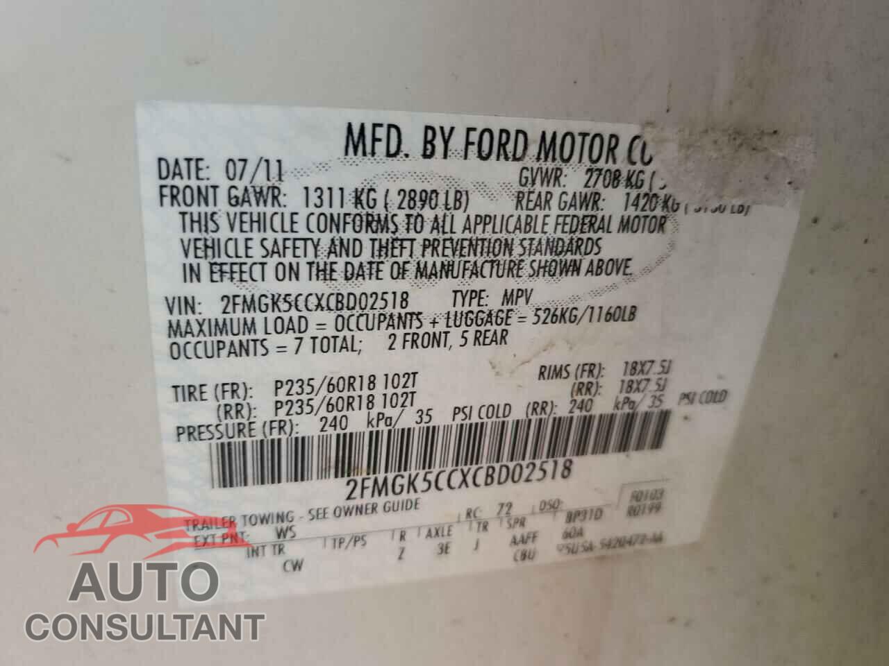 FORD FLEX 2012 - 2FMGK5CCXCBD02518