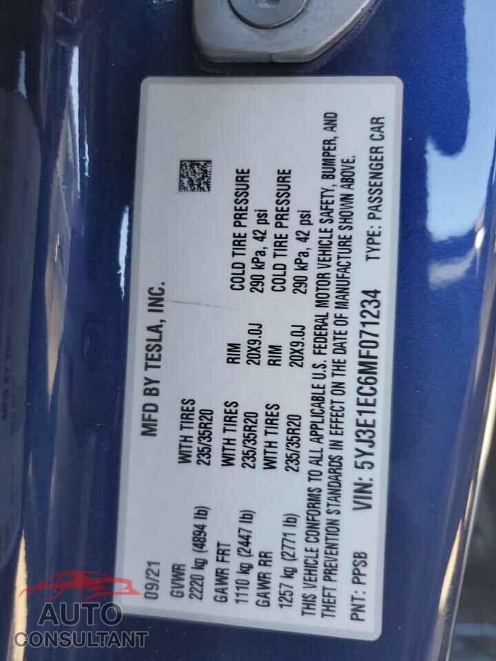 TESLA MODEL 3 2021 - 5YJ3E1EC6MF071234