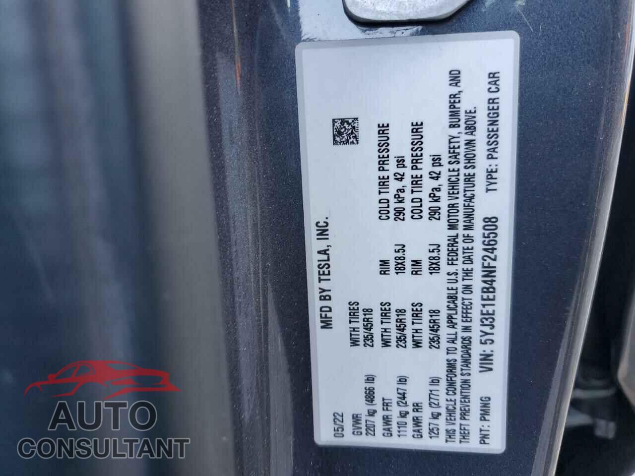 TESLA MODEL 3 2022 - 5YJ3E1EB4NF246508