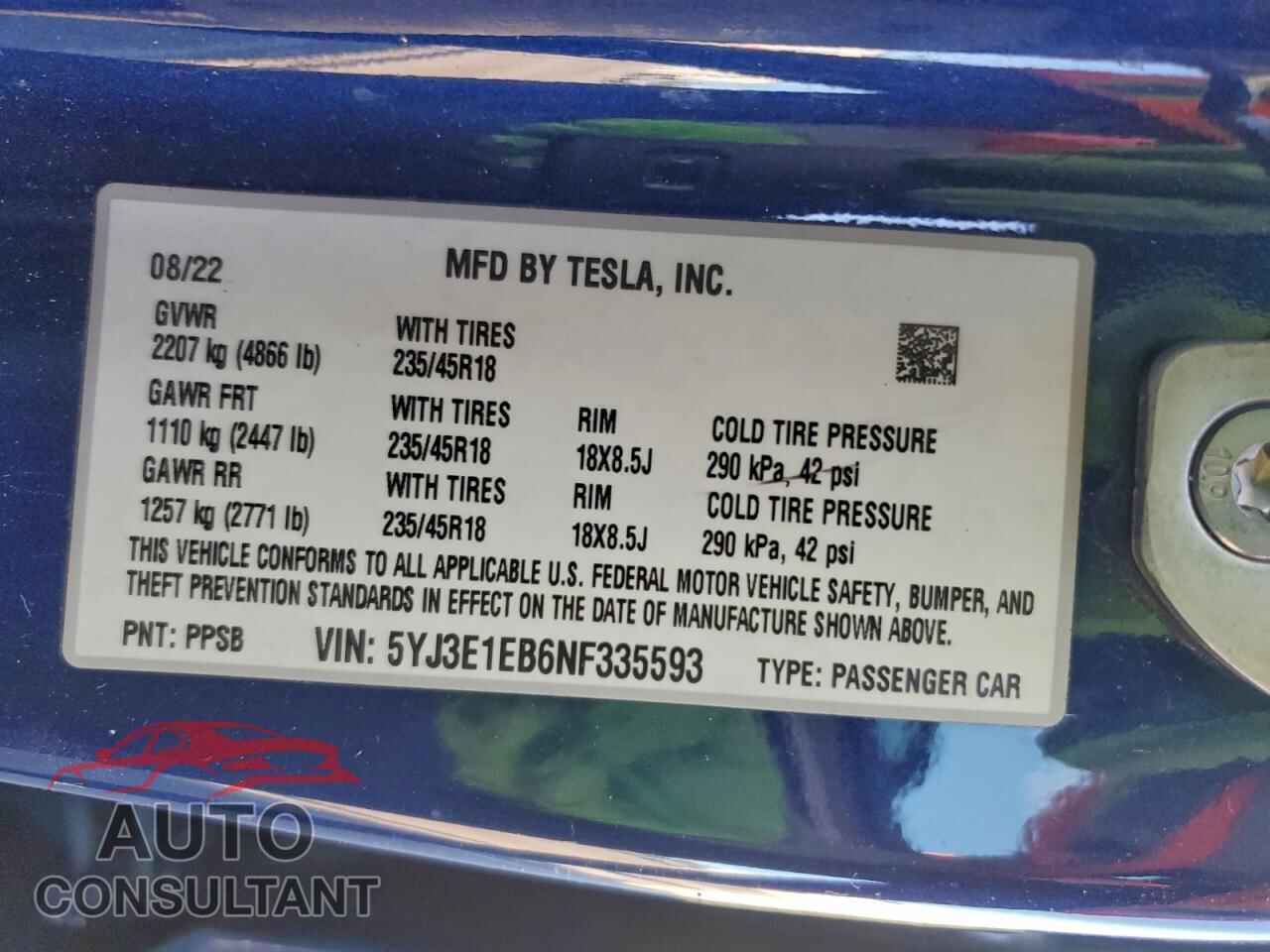 TESLA MODEL 3 2022 - 5YJ3E1EB6NF335593