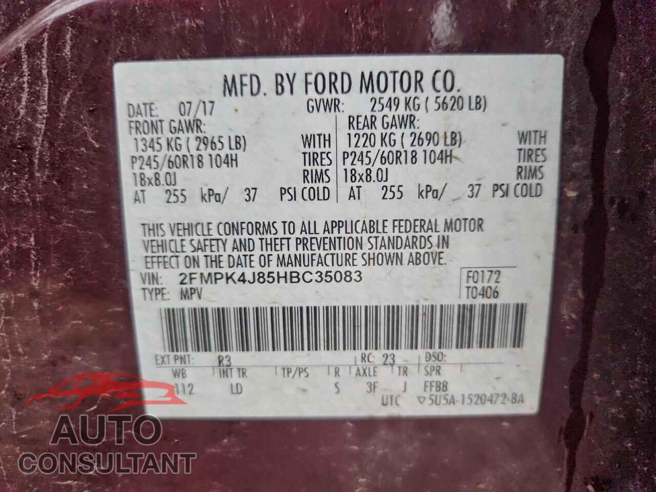 FORD EDGE 2017 - 2FMPK4J85HBC35083