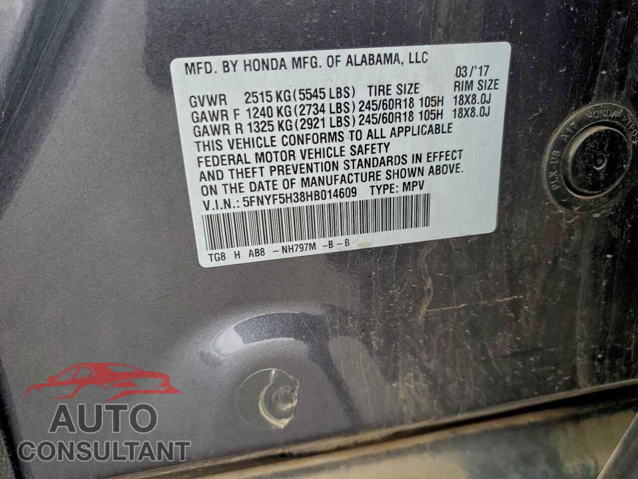 HONDA PILOT 2017 - 5FNYF5H38HB014609