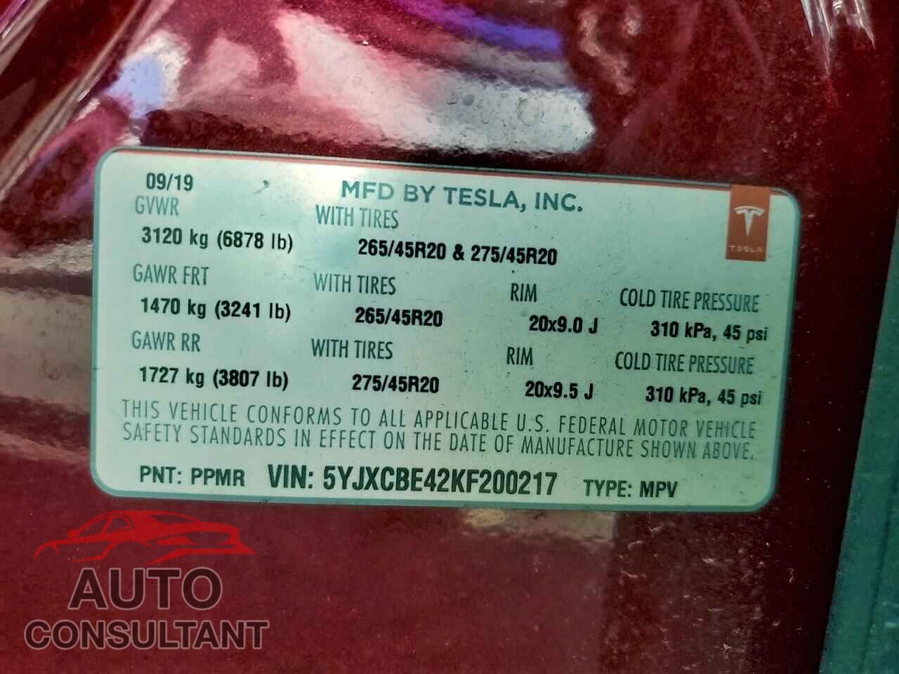 TESLA MODEL X 2019 - 5YJXCBE42KF200217