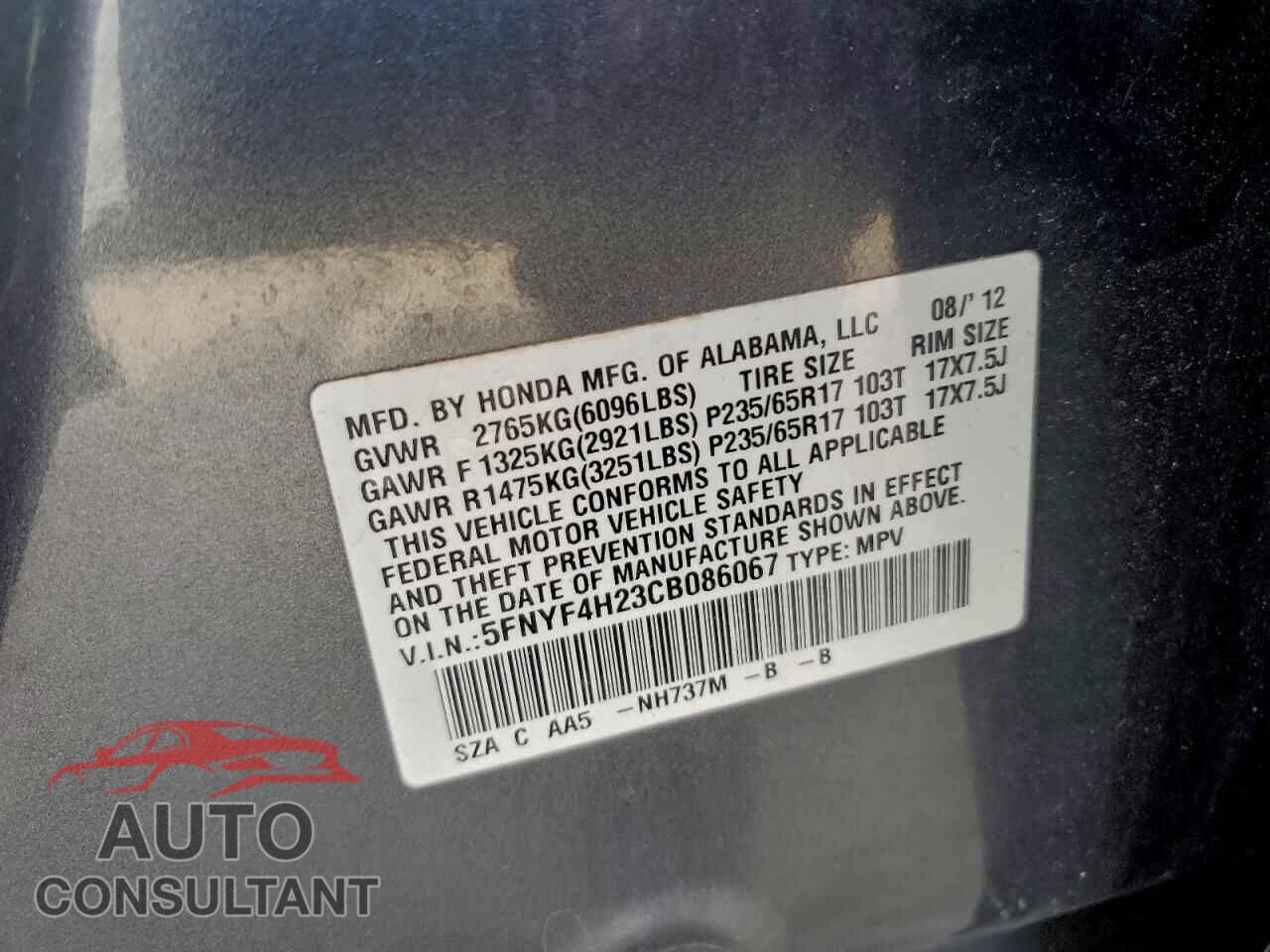 HONDA PILOT 2012 - 5FNYF4H23CB086067