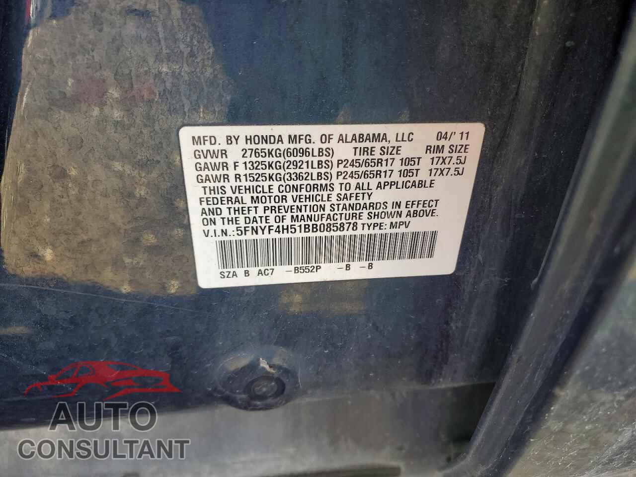HONDA PILOT 2011 - 5FNYF4H51BB085878