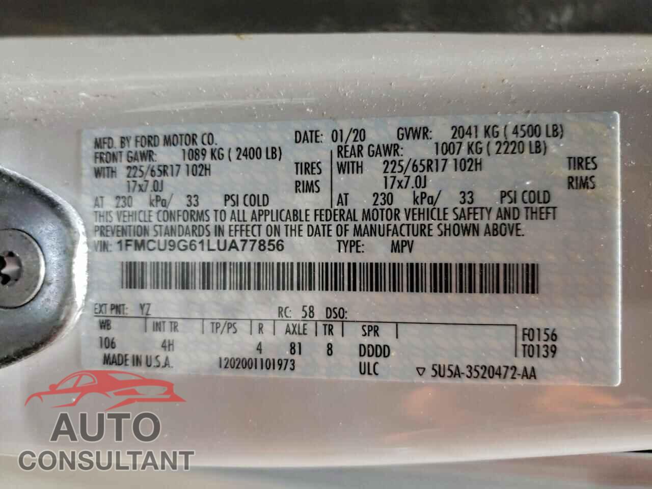 FORD ESCAPE 2020 - 1FMCU9G61LUA77856