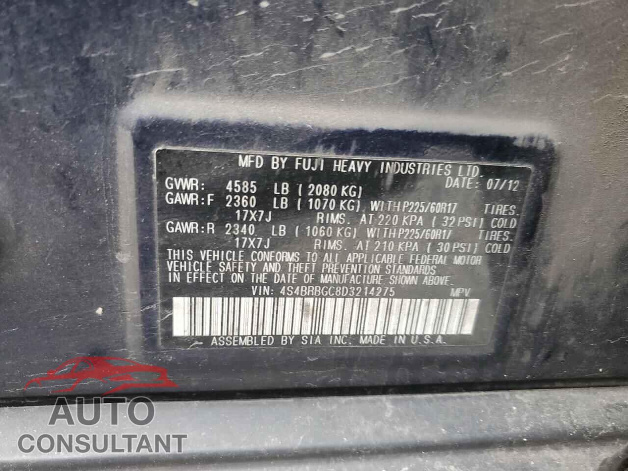 SUBARU OUTBACK 2013 - 4S4BRBGC8D3214275