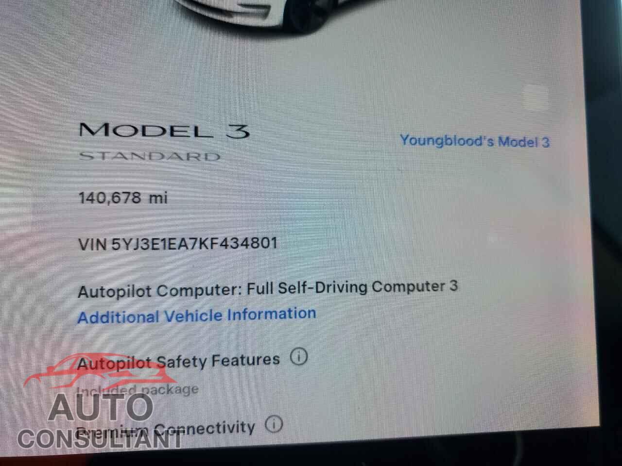 TESLA MODEL 3 2019 - 5YJ3E1EA7KF434801