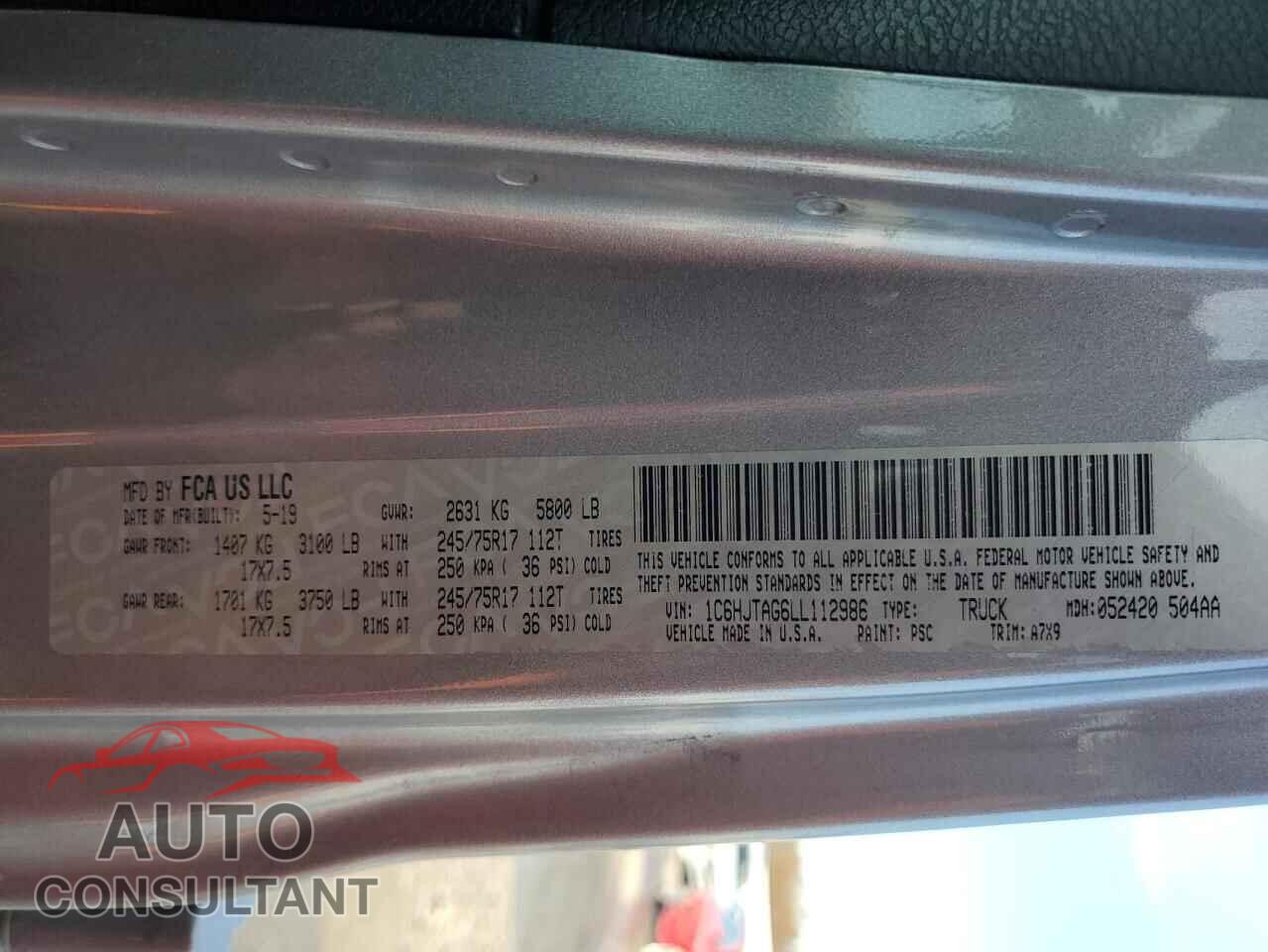 JEEP GLADIATOR 2020 - 1C6HJTAG6LL112986