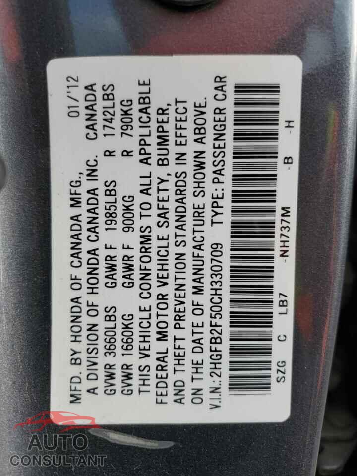 HONDA CIVIC 2012 - 2HGFB2F50CH330709