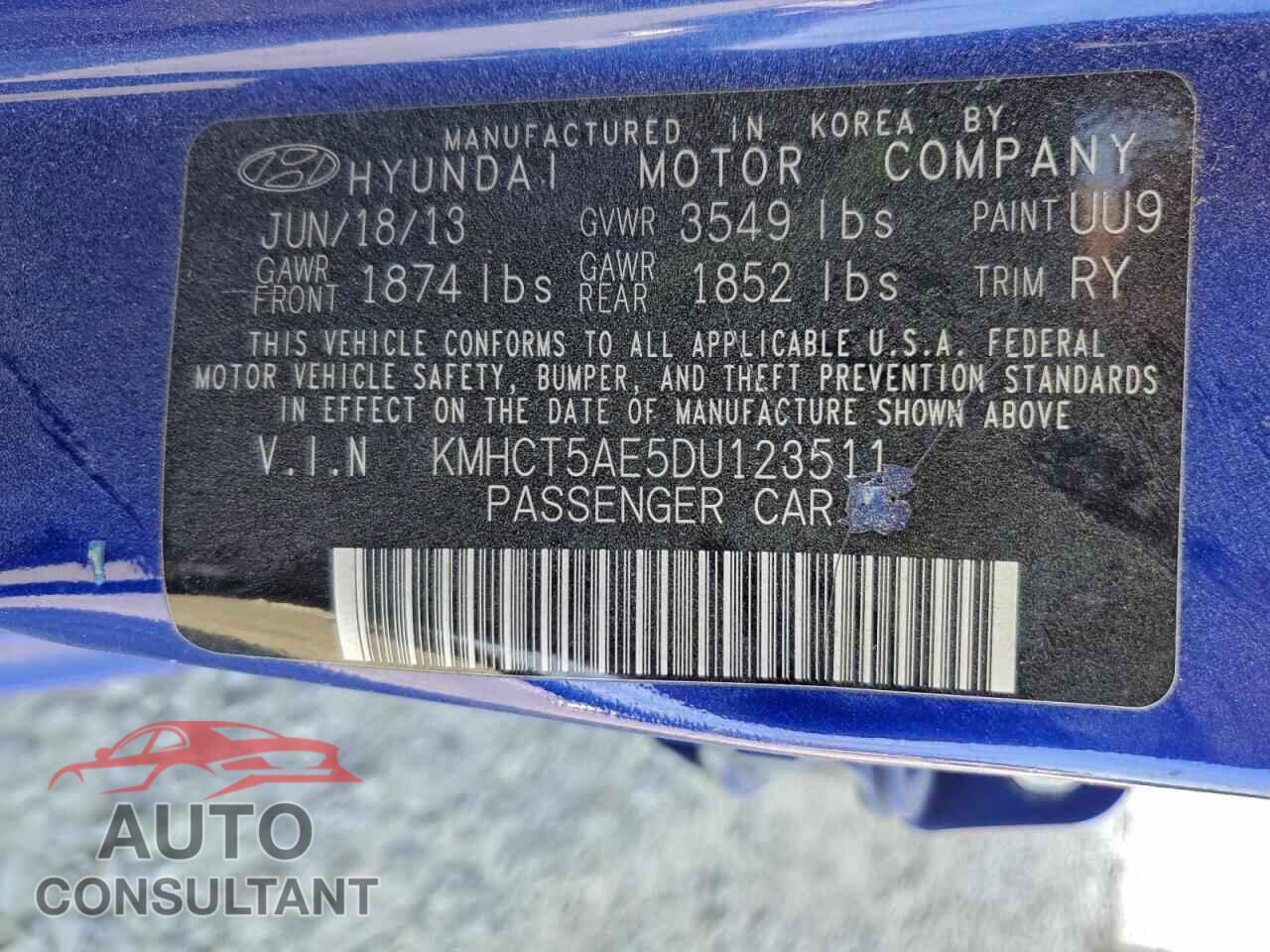 HYUNDAI ACCENT 2013 - KMHCT5AE5DU123511