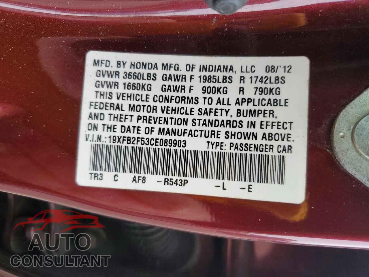 HONDA CIVIC 2012 - 19XFB2F53CE089903