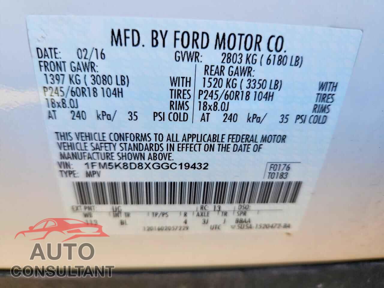 FORD EXPLORER 2016 - 1FM5K8D8XGGC19432