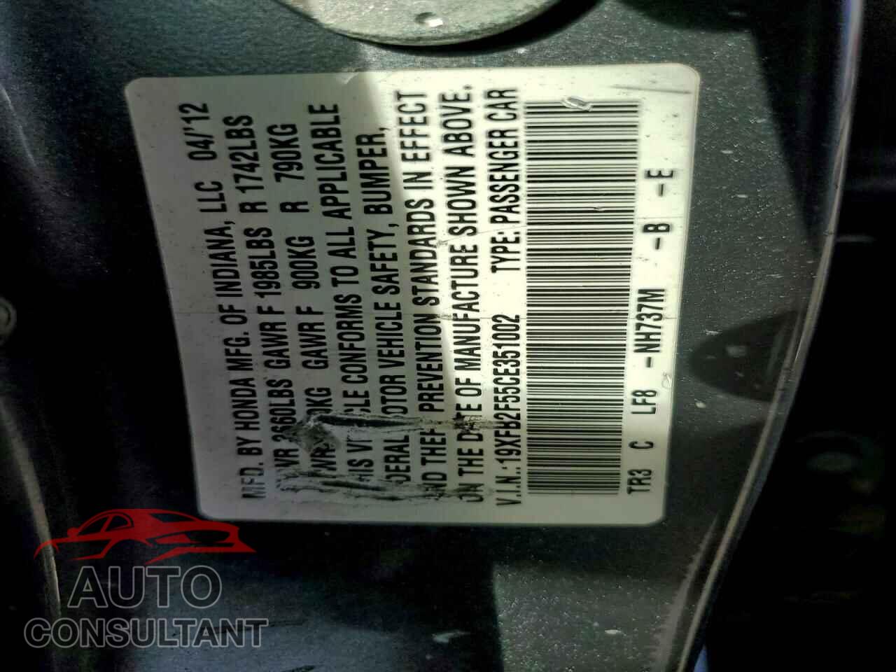 HONDA CIVIC 2012 - 19XFB2F55CE351002
