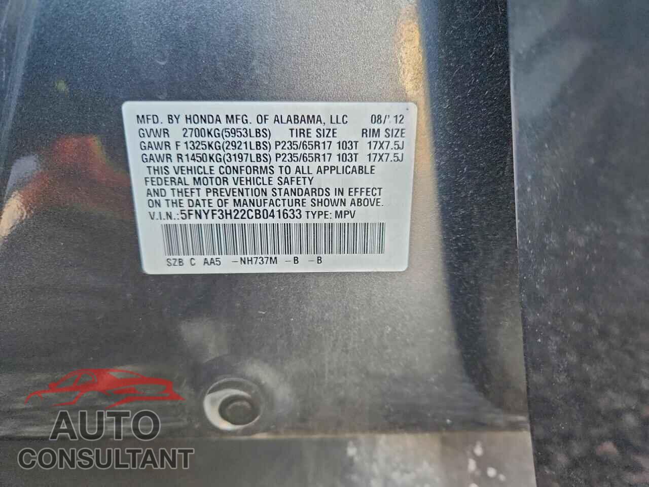 HONDA PILOT 2012 - 5FNYF3H22CB041633