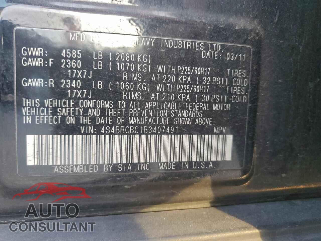 SUBARU OUTBACK 2011 - 4S4BRCBC1B3407491