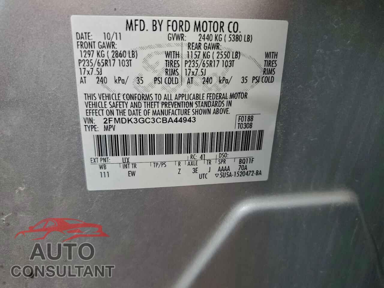 FORD EDGE 2012 - 2FMDK3GC3CBA44943
