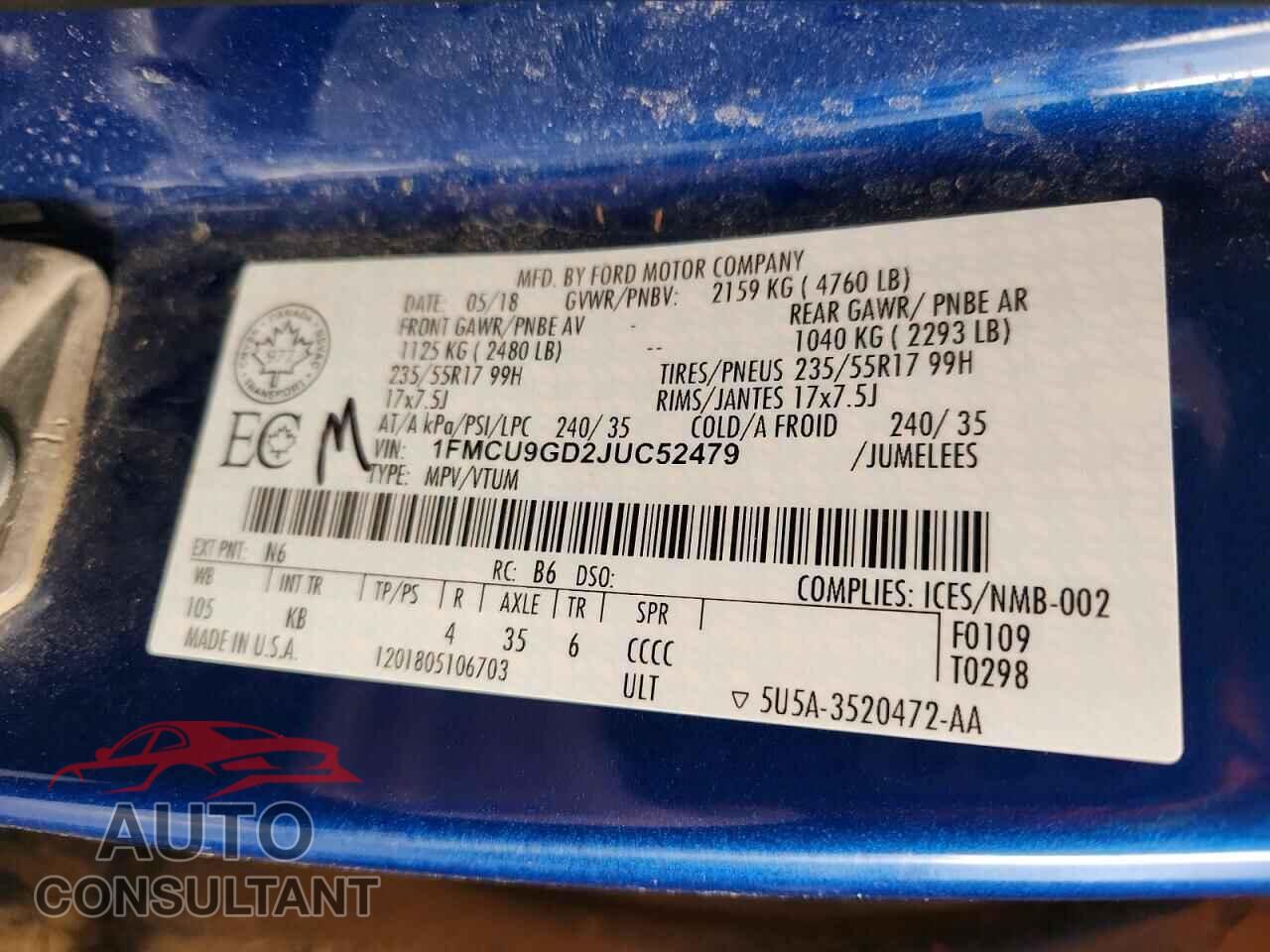 FORD ESCAPE 2018 - 1FMCU9GD2JUC52479