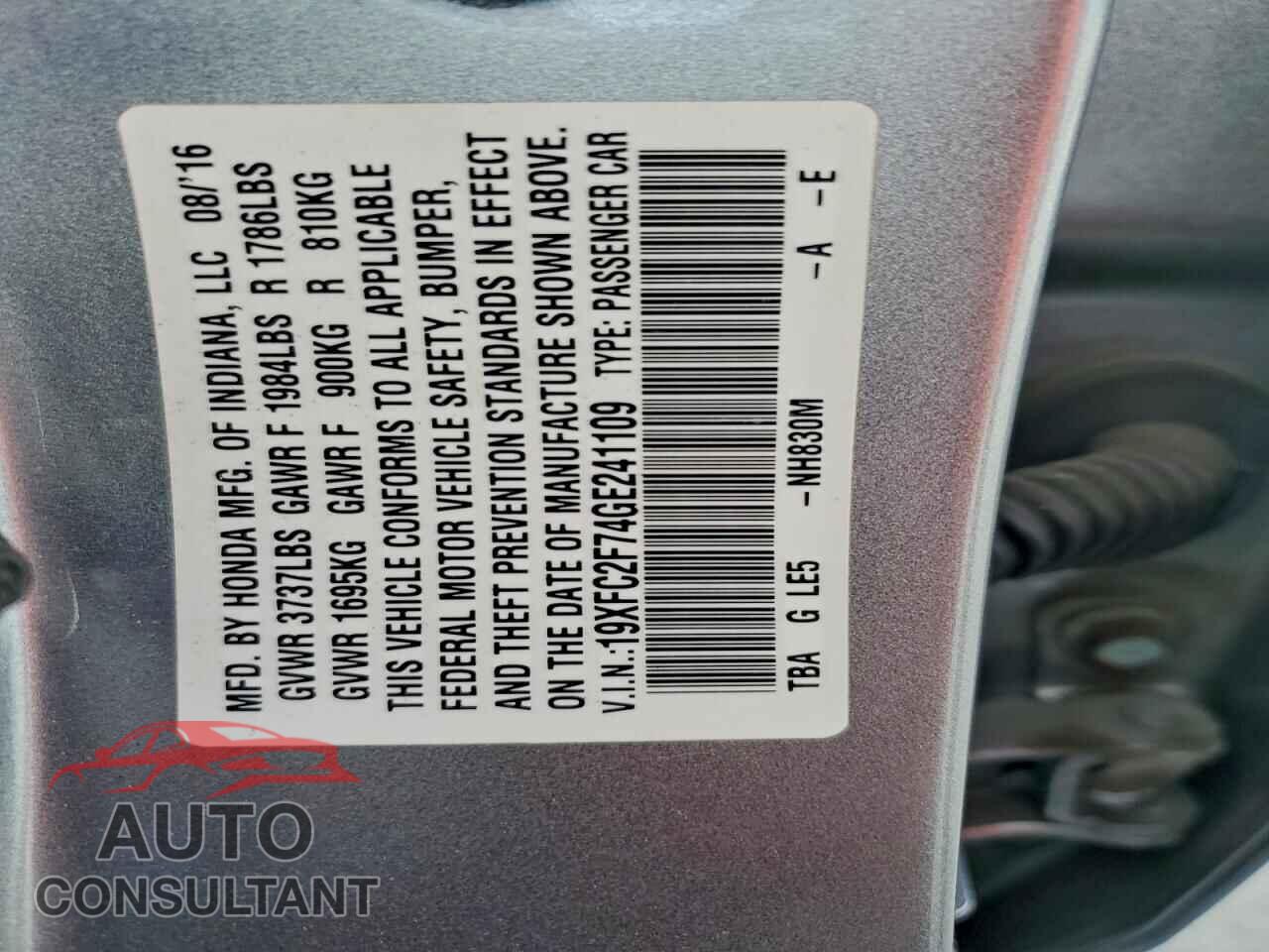 HONDA CIVIC 2016 - 19XFC2F74GE241109