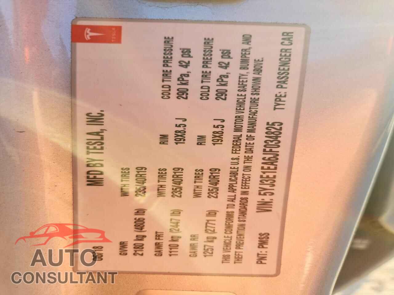 TESLA MODEL 3 2018 - 5YJ3E1EA6JF034825