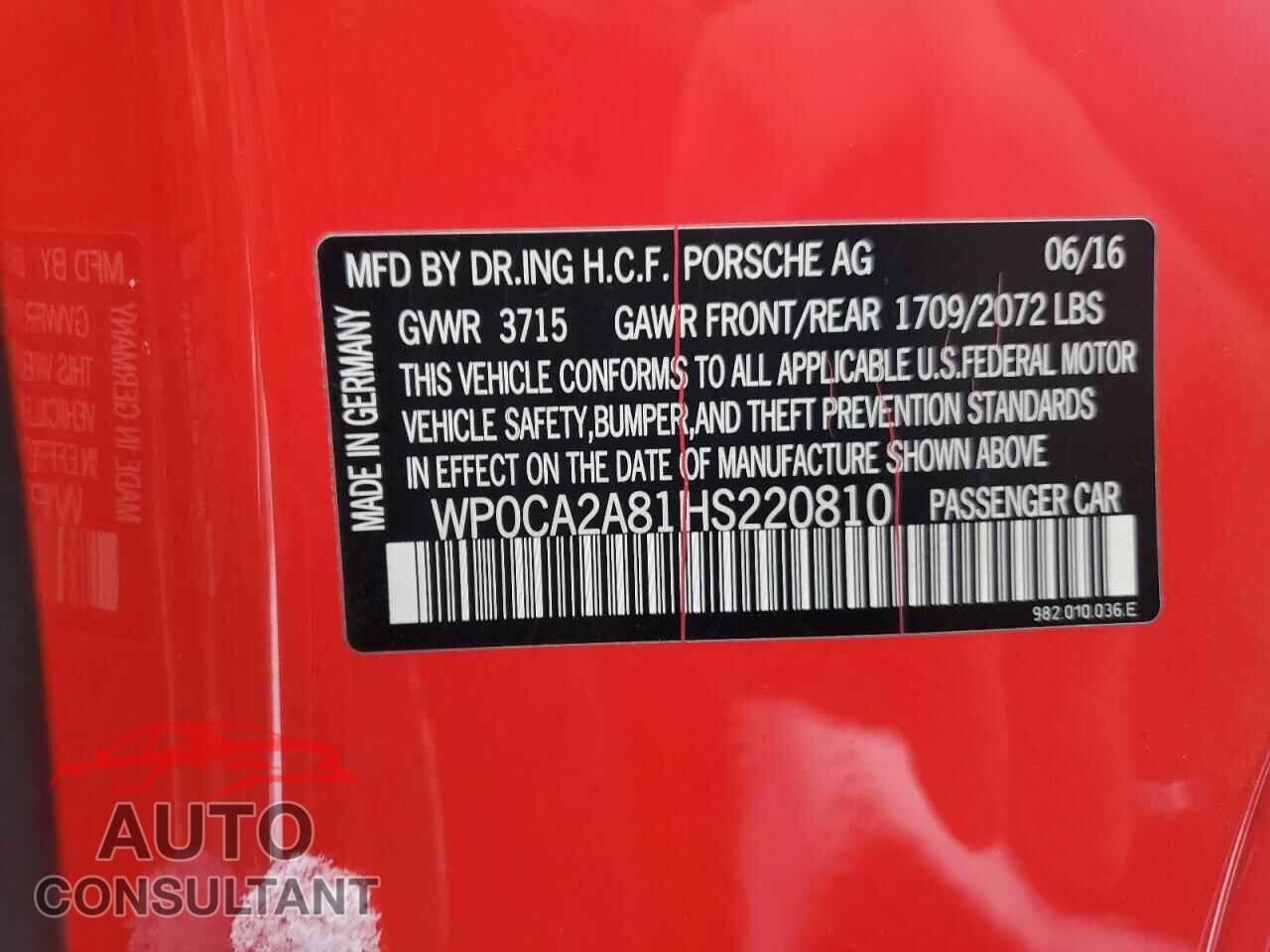 PORSCHE BOXSTER 2017 - WP0CA2A81HS220810