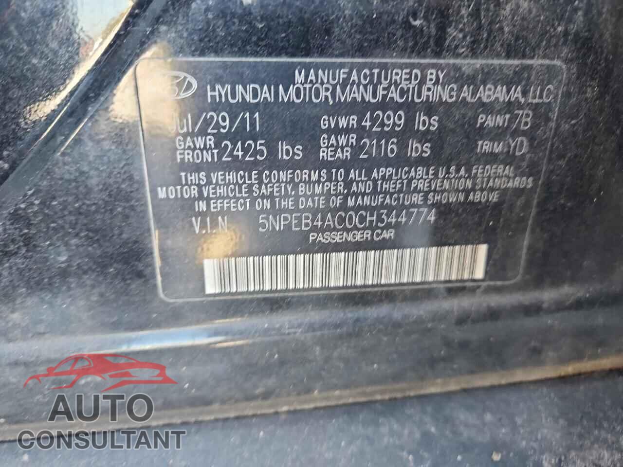 HYUNDAI SONATA 2012 - 5NPEB4AC0CH344774