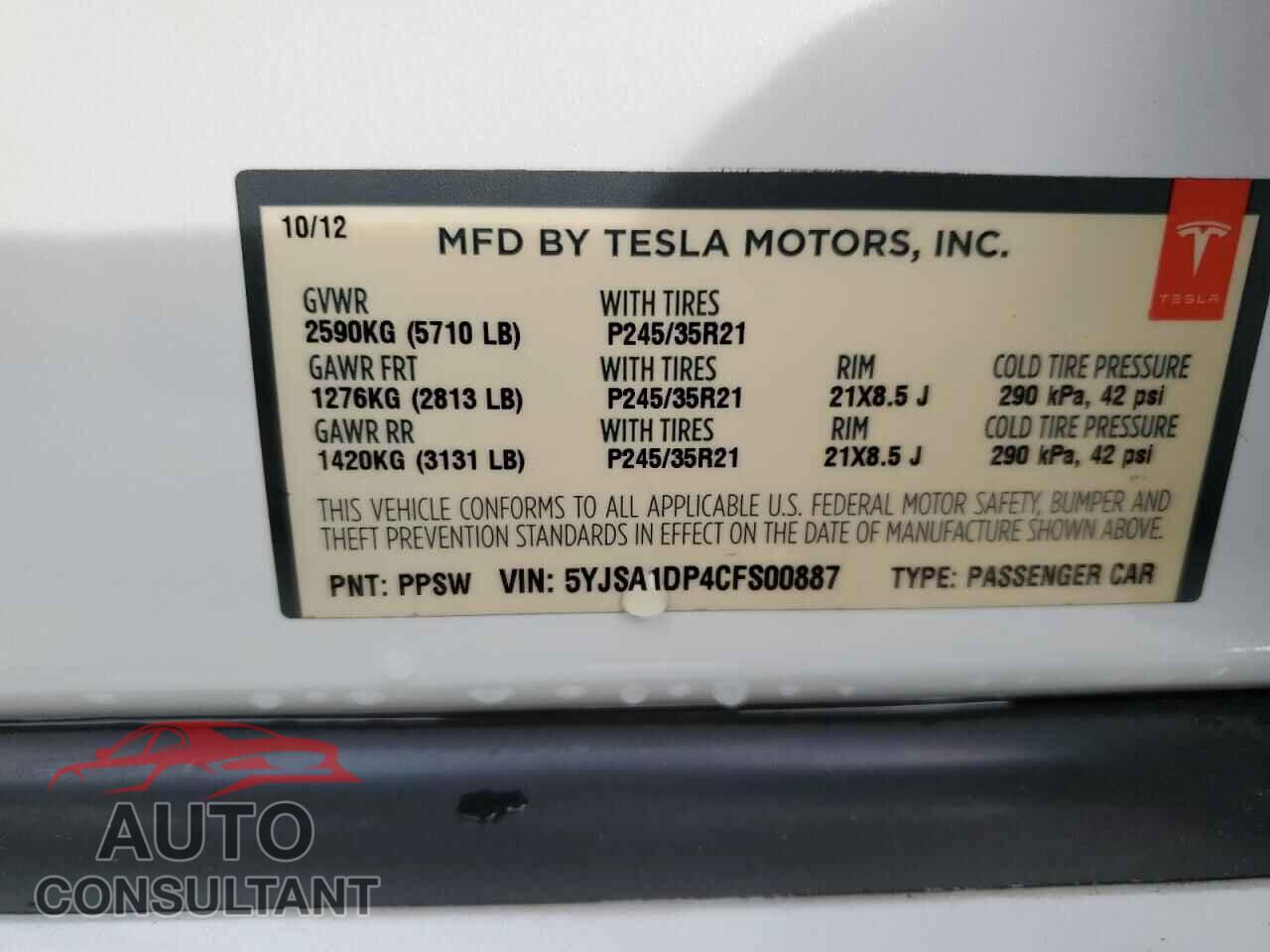 TESLA MODEL S 2012 - 5YJSA1DP4CFS00887