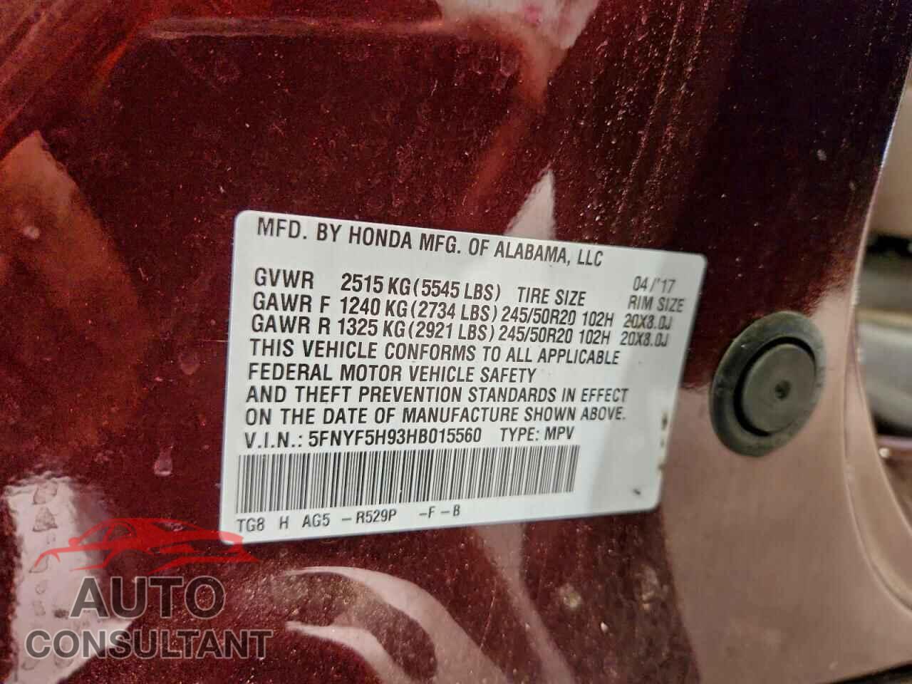 HONDA PILOT 2017 - 5FNYF5H93HB015560