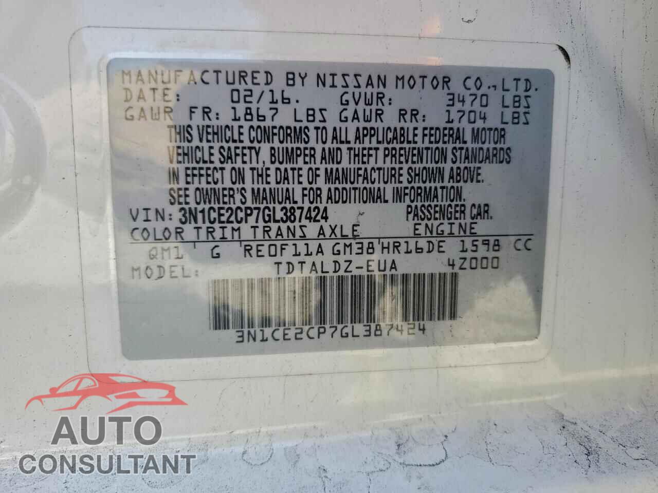 NISSAN VERSA 2016 - 3N1CE2CP7GL387424