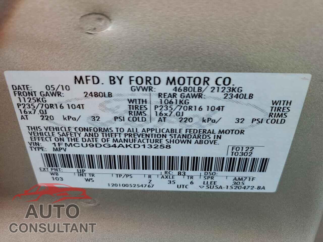 FORD ESCAPE 2010 - 1FMCU9DG4AKD13258