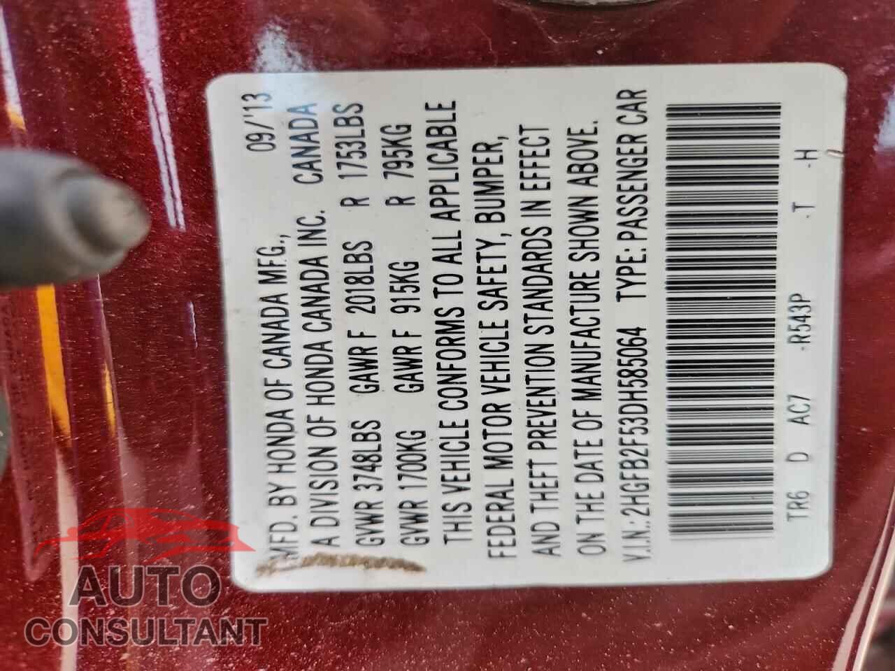 HONDA CIVIC 2013 - 2HGFB2F53DH585064