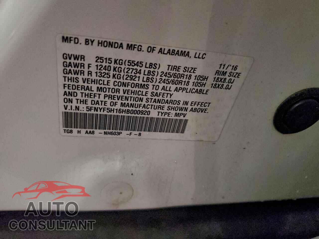 HONDA PILOT 2017 - 5FNYF5H16HB000920