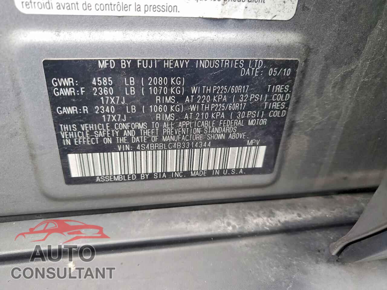 SUBARU OUTBACK 2011 - 4S4BRBLC4B3314344
