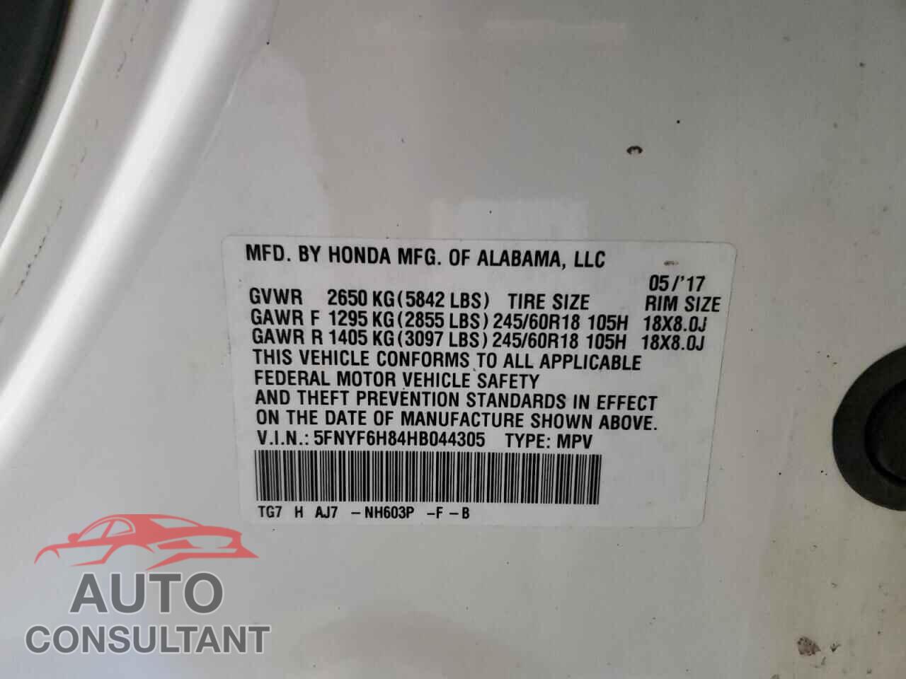 HONDA PILOT 2017 - 5FNYF6H84HB044305