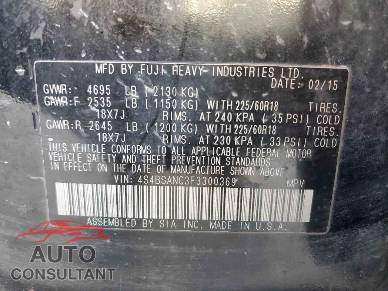 SUBARU OUTBACK 2015 - 4S4BSANC3F3300369