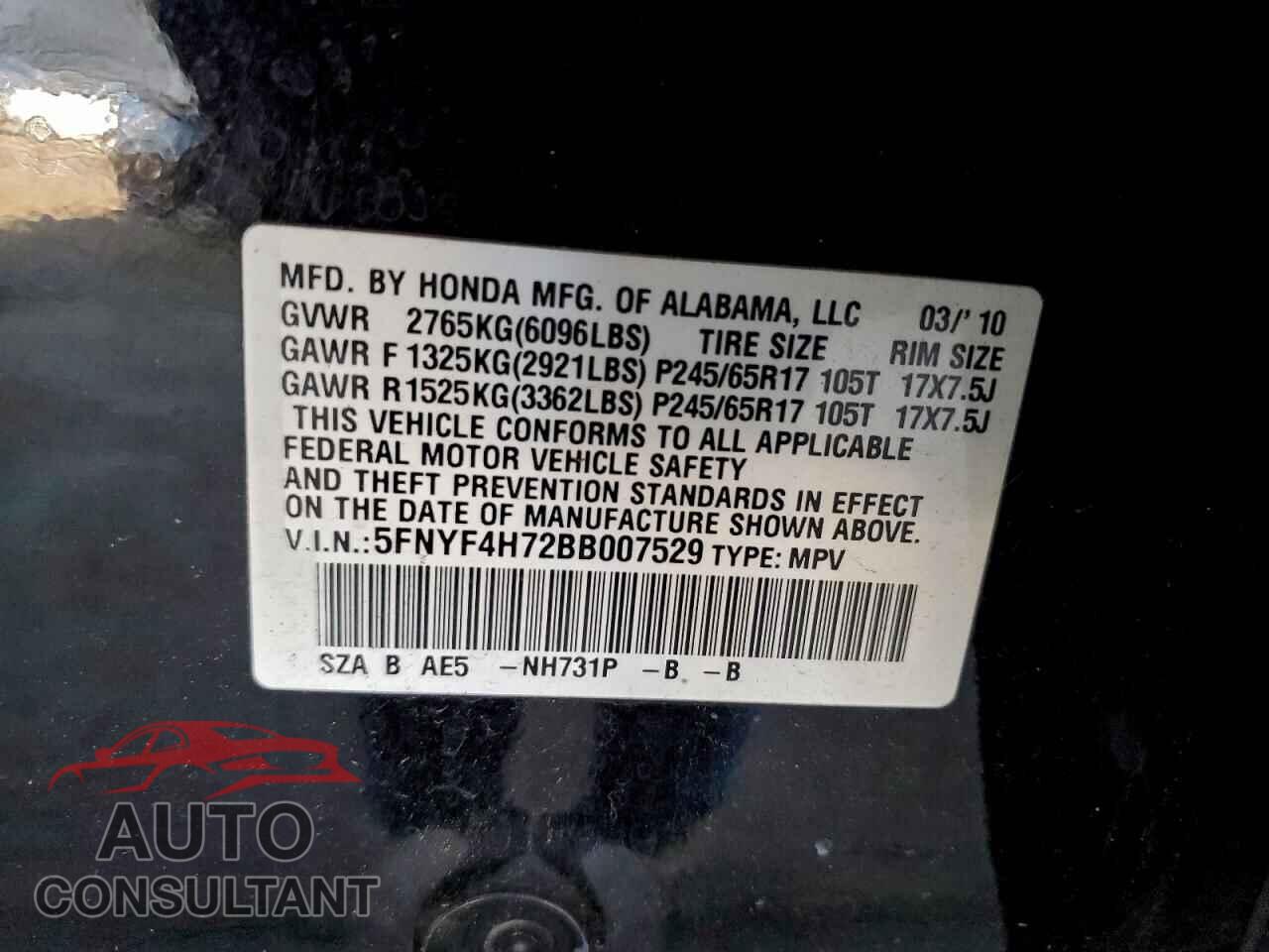 HONDA PILOT 2011 - 5FNYF4H72BB007529