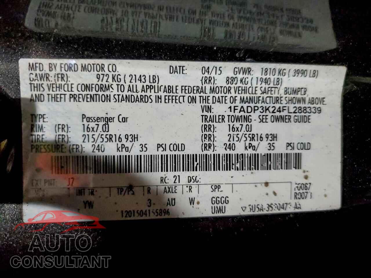 FORD FOCUS 2015 - 1FADP3K24FL288339