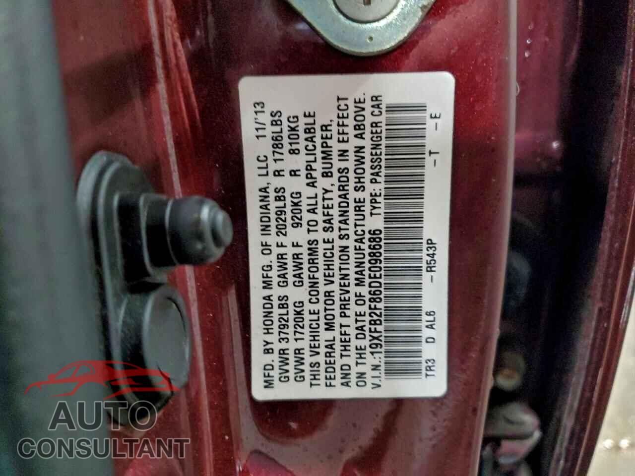 HONDA CIVIC 2013 - 19XFB2F86DE098686