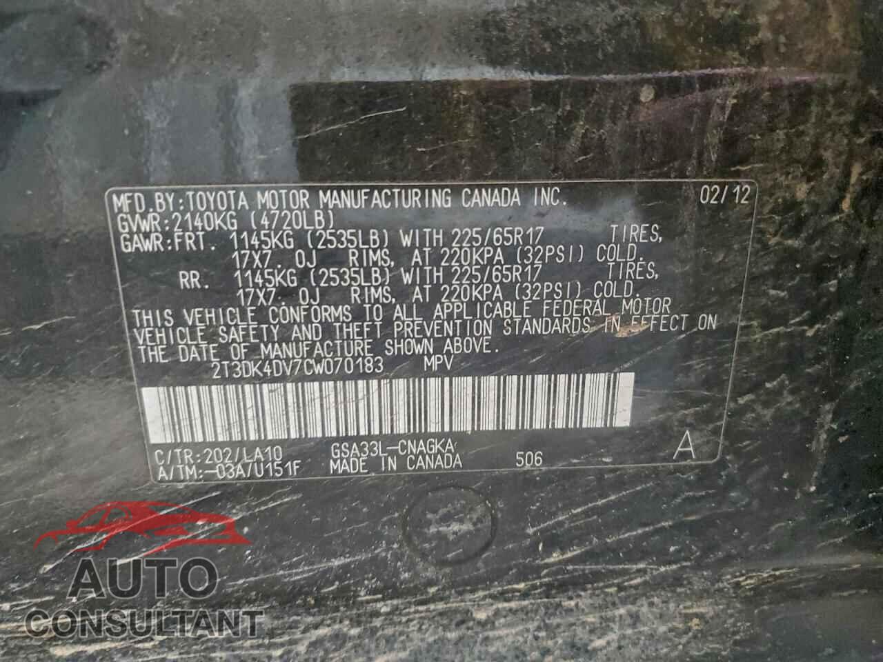TOYOTA RAV4 2012 - 2T3DK4DV7CW070183