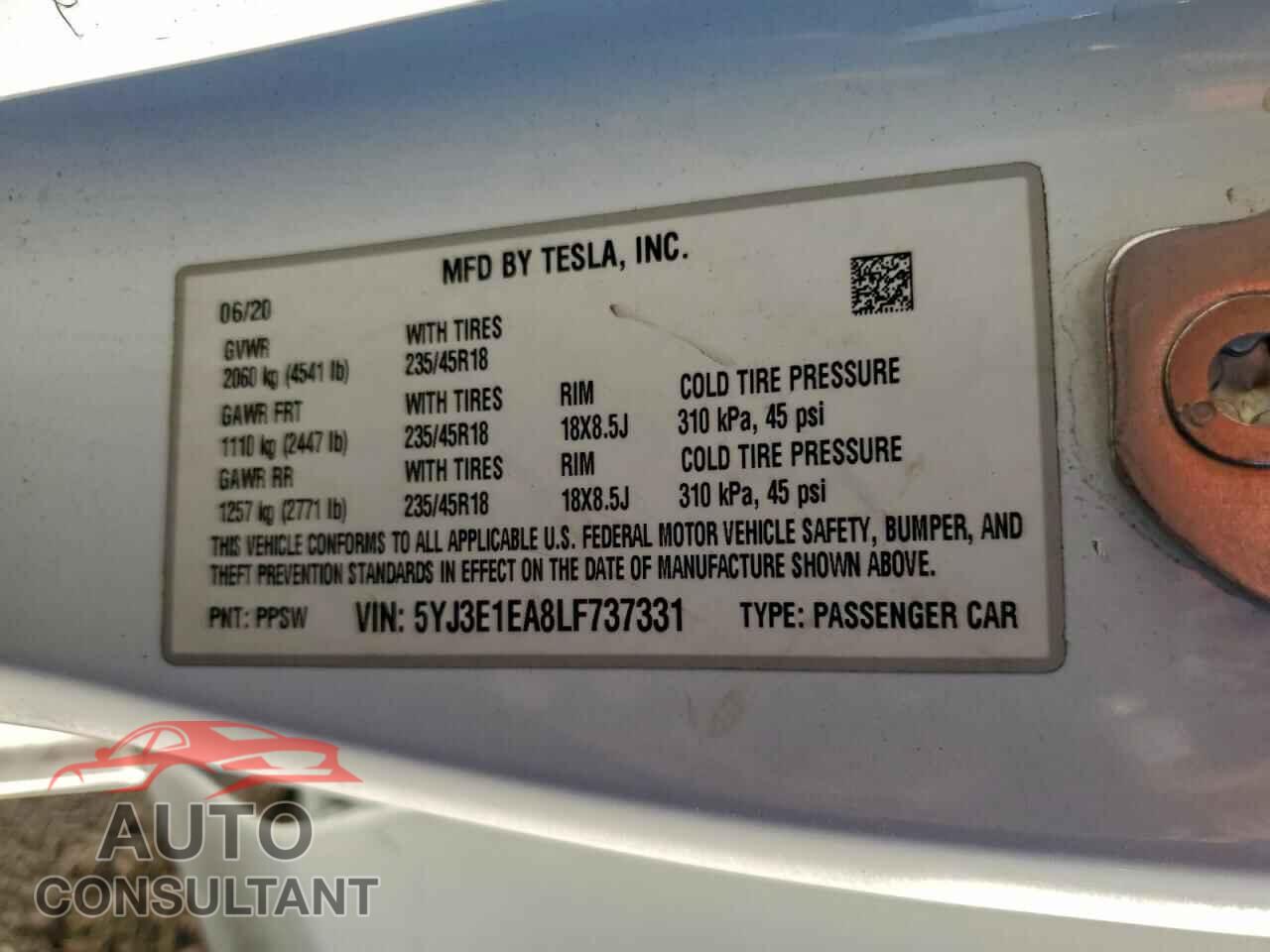 TESLA MODEL 3 2020 - 5YJ3E1EA8LF737331