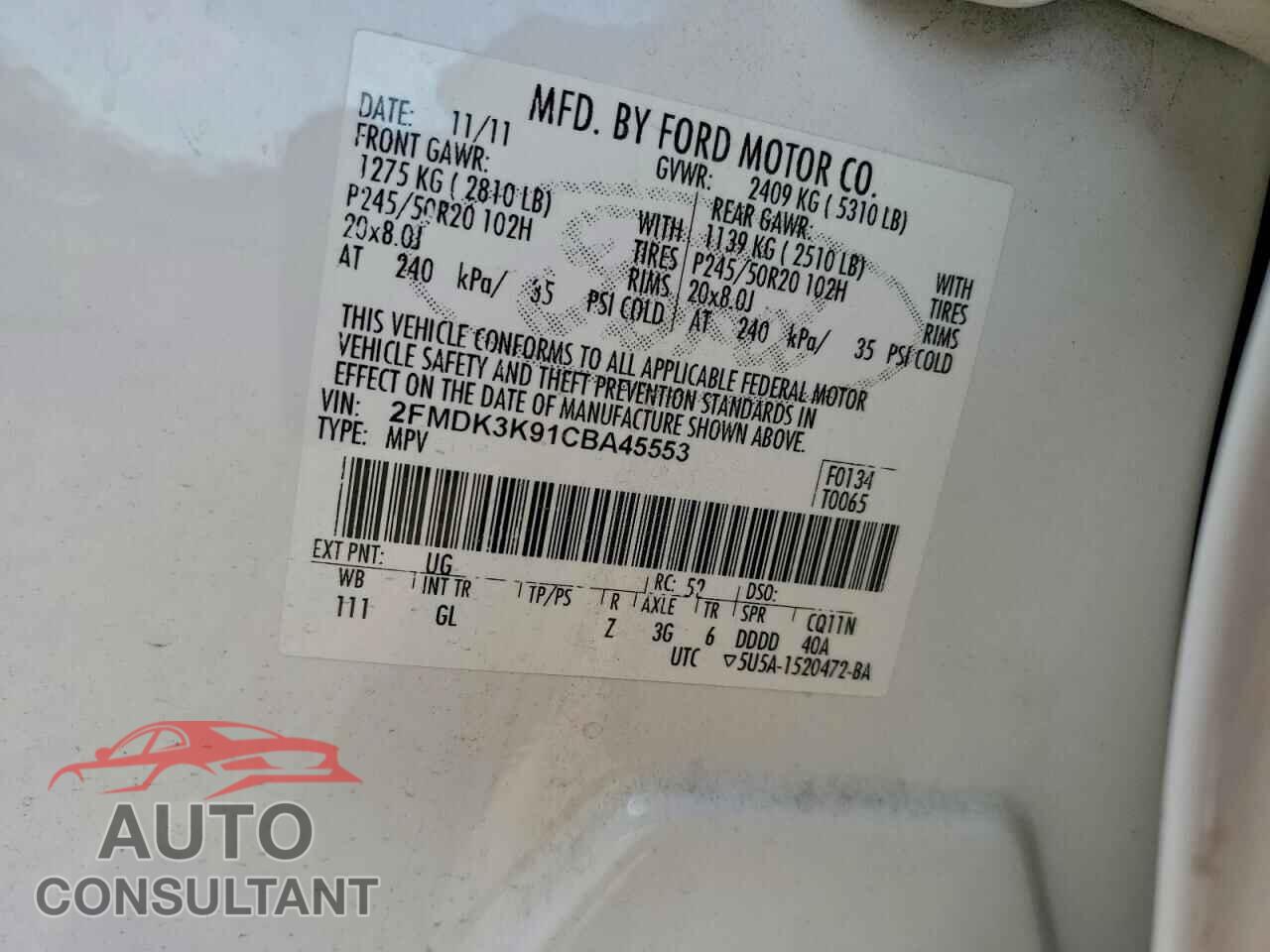 FORD EDGE 2012 - 2FMDK3K91CBA45553